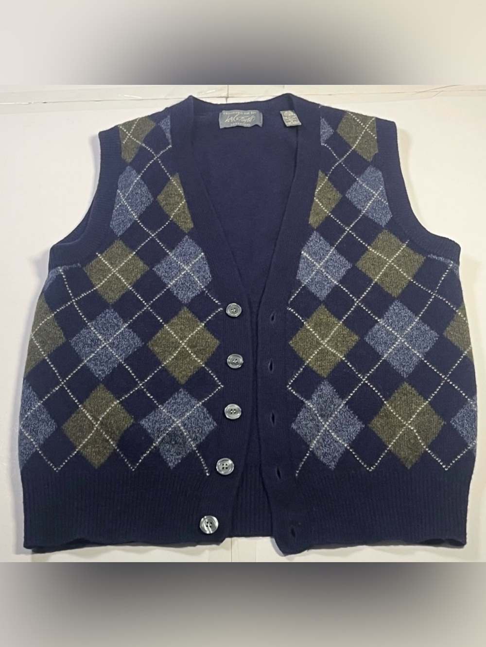 Vtg Lord & Taylor Men’s Medium Argyle Sweater Vest 100% Lambswool Navy Blue